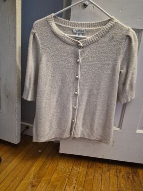 Rachel Zoe Cream Short Sleeve Pearl-Button Sweater